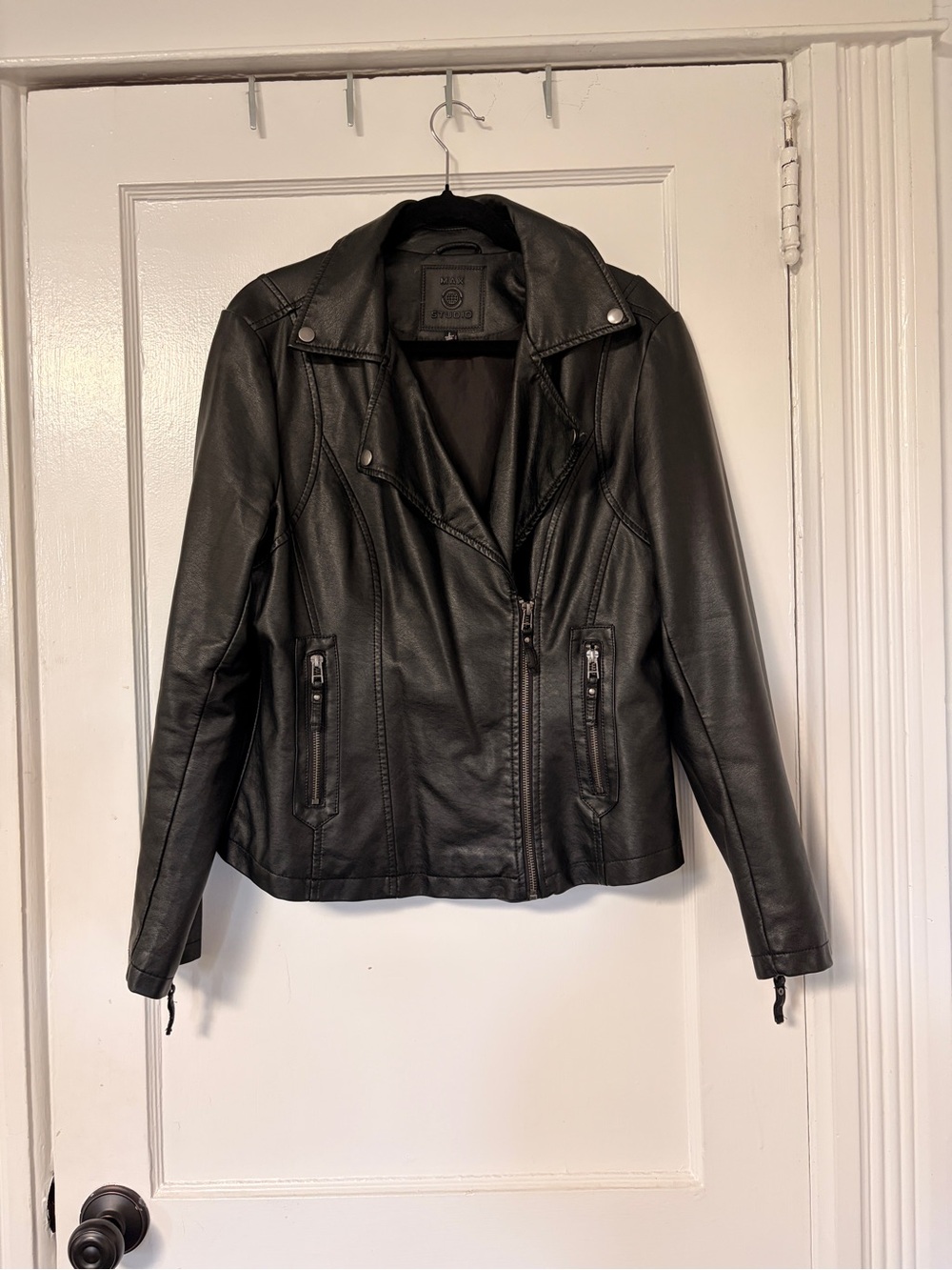 Max Studio Black Faux Leather Moto Jacket with Zip Pockets